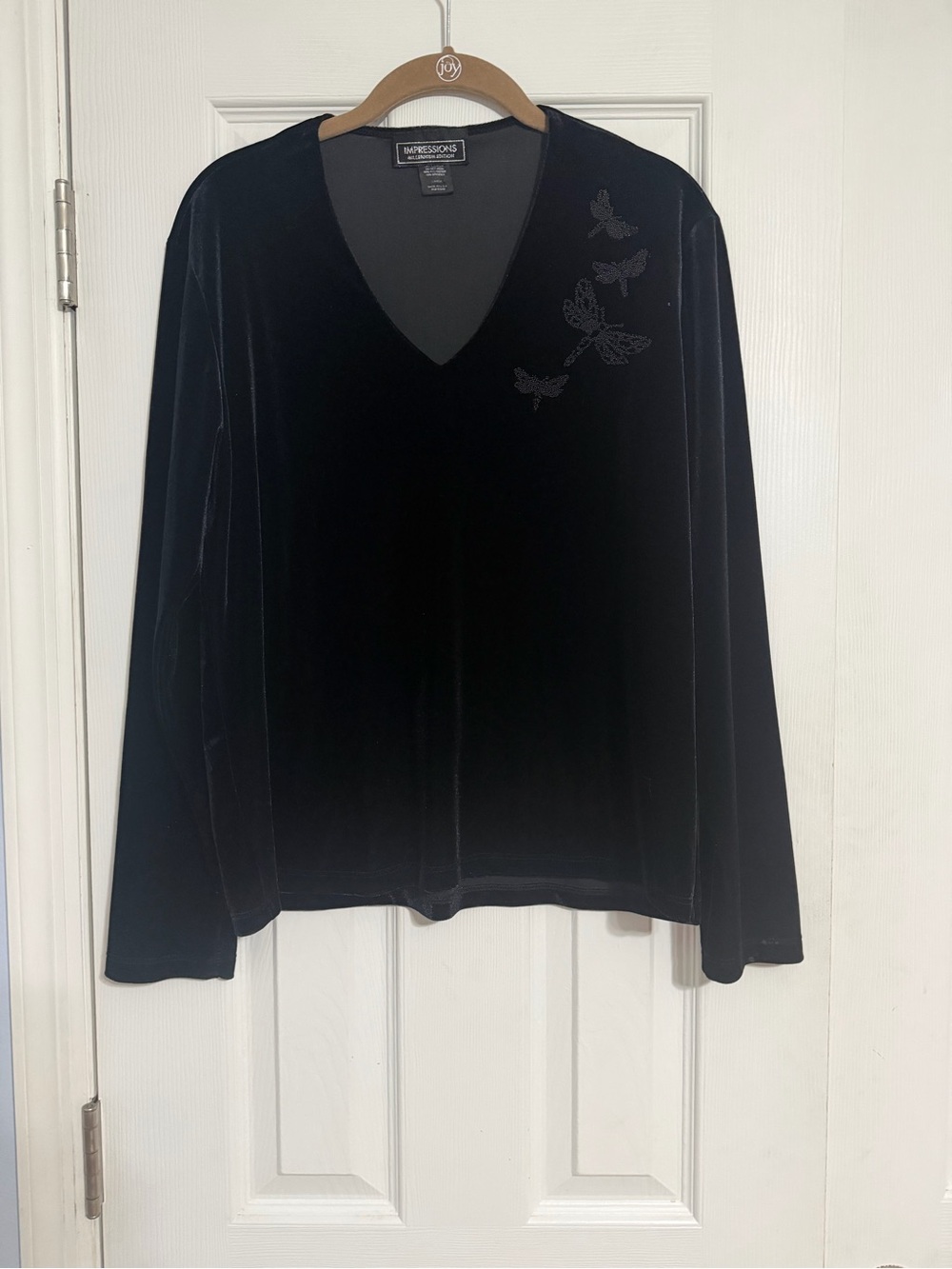 Impressions Black Velvet V-Neck Top with Beaded Butterfly Accents size Large y2k